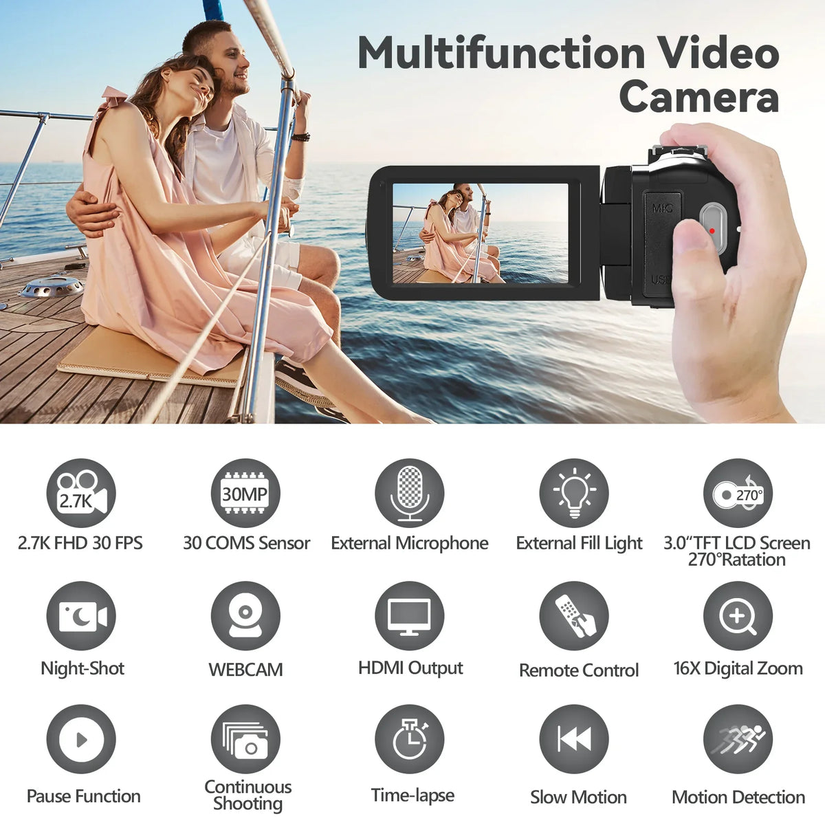 SizeEREE Video Camera for Youtube Camcorder Night Vision Film Camera Full HD 2.7K 30FPSize 30.0 MP IR Vlogging Digital Camera, 2 Batteries, Remote
