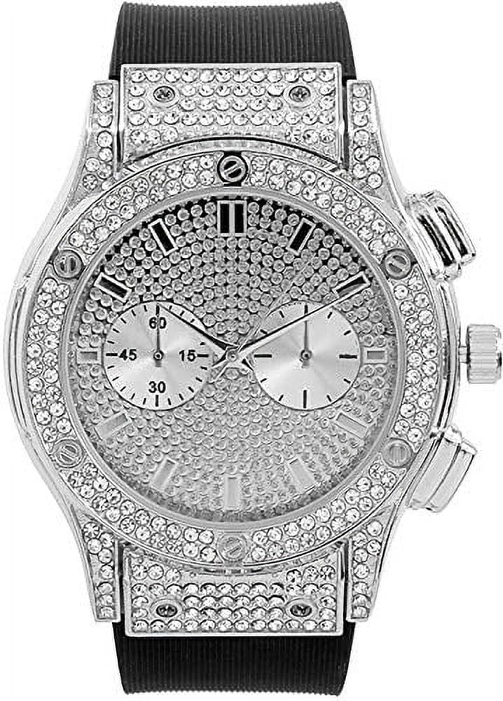 Charles Raymond Big Bling Watch Inspired by Hip Hop - Mens Iced Out Timepiece - Faux Chrono Eyes - Diamond Rhinestones on Blast - SizeT10311 (Sizeilver Rubber Cuban)