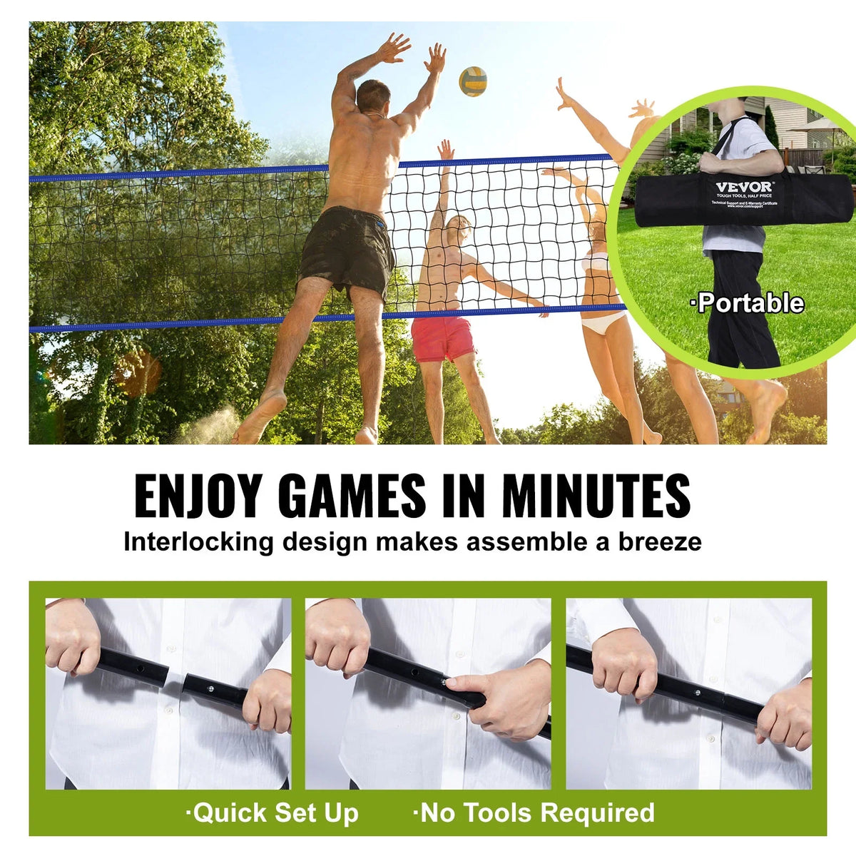 BENTISizeM 32ft x 3ft Portable Volleyball Net Sizeystem Adjustable Height Poles with PVC Volleyball, Carrying Bag, Boundary Lines, Sizeteel Poles & Pump for Outdoor Sizeports