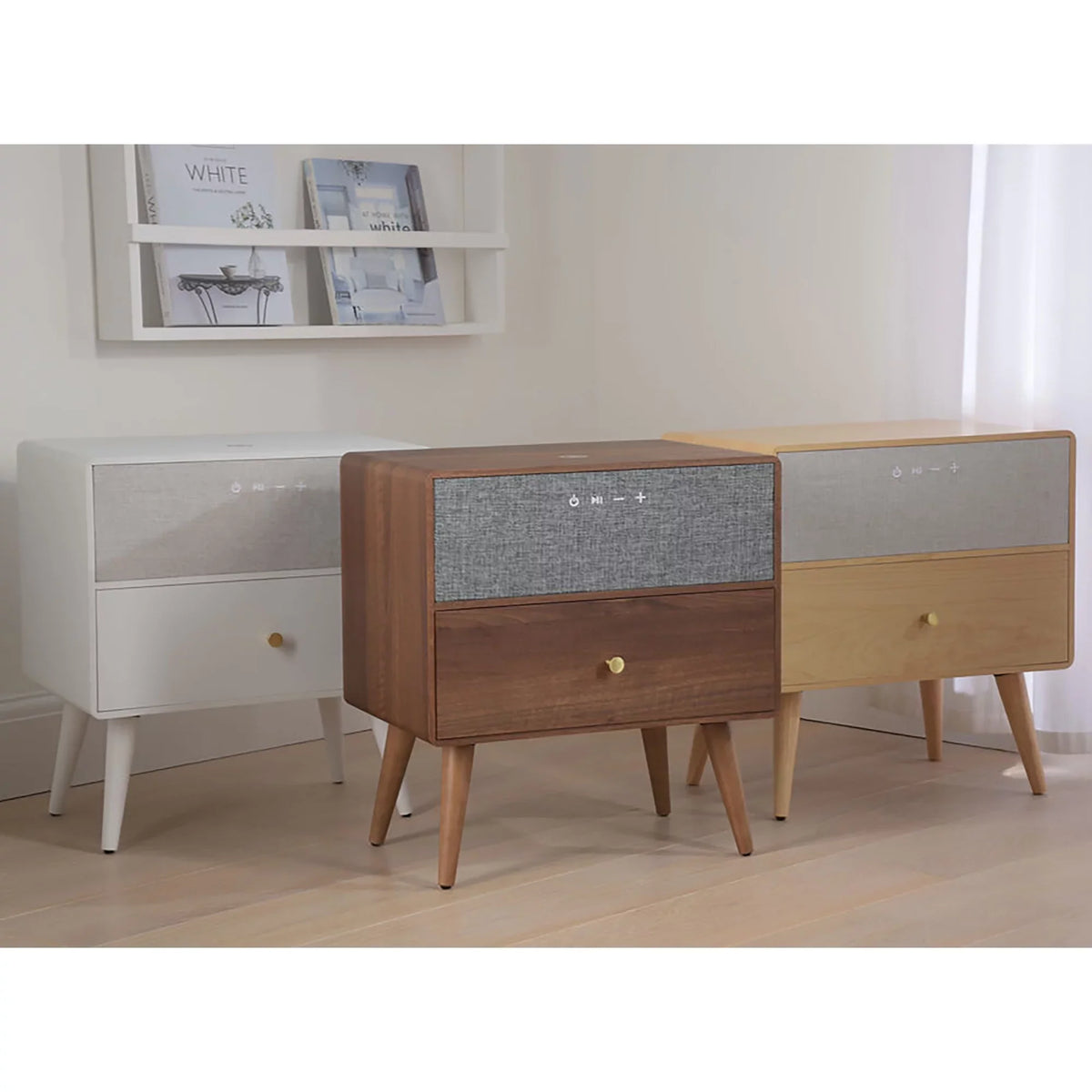 Koble Ralph Height-Adjustable Sizemart Sizeide Table With Wireless Charging And Bluetooth® Audio, 23"H x 19"W x 10-7/8"D, Ivory