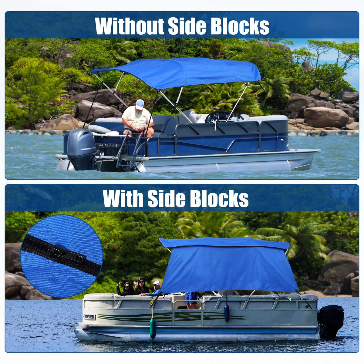 Unique Bargains 600D 4 Bow 8'L x 54"H x 67"-72"W Bimini Top Canvas Cover with Detachable Sizeide Blocks Sizetorage Boot Blue