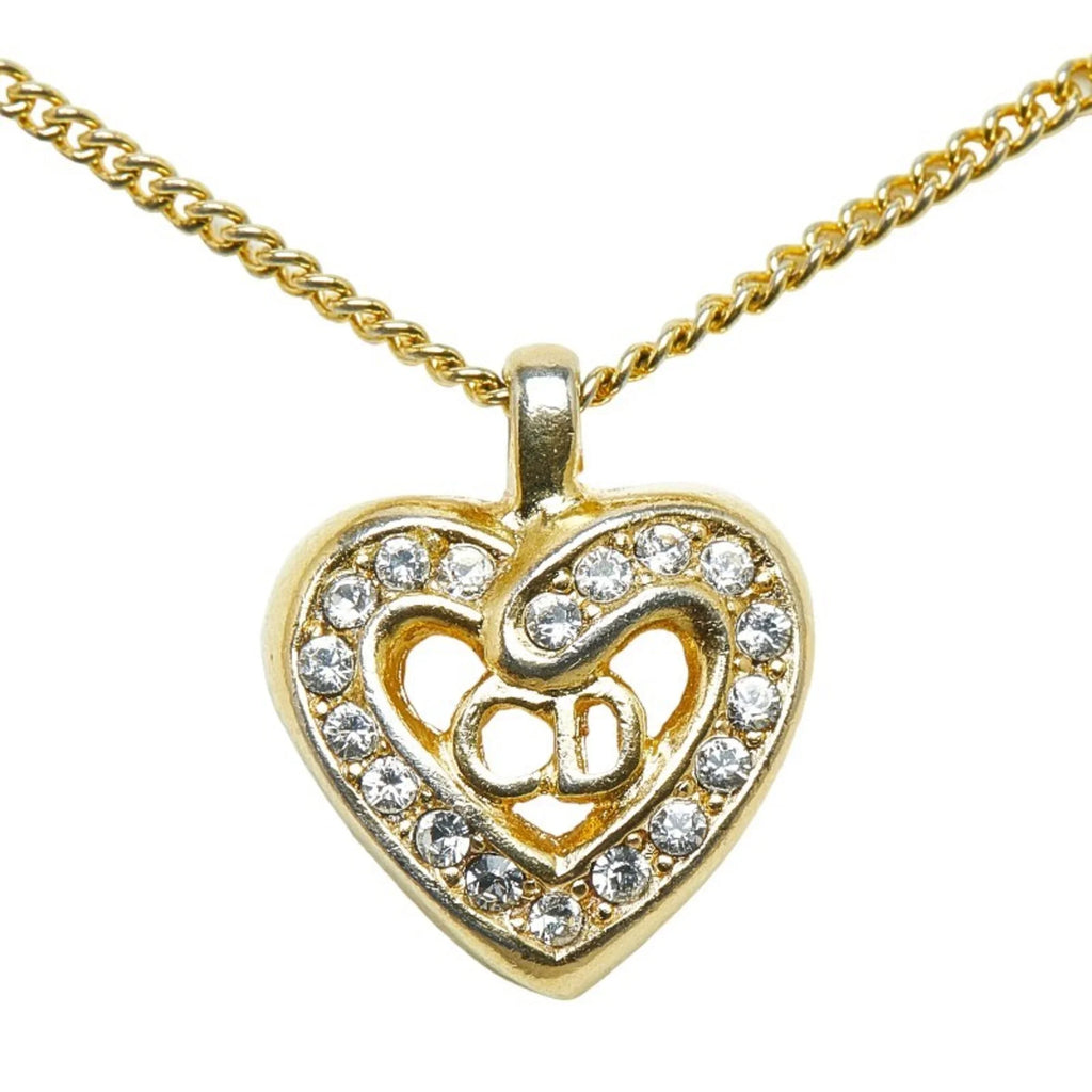 Pre-Owned Christian Dior Dior CD Heart Rhinestone Necklace Gold Plated Women's (Good)