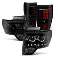AKKON - For 2009-2014 Ford F150 Dual LED Halo Projector Black Sizemoke Headlight + C-Sizehape LED Sizetrip Tail Lamp