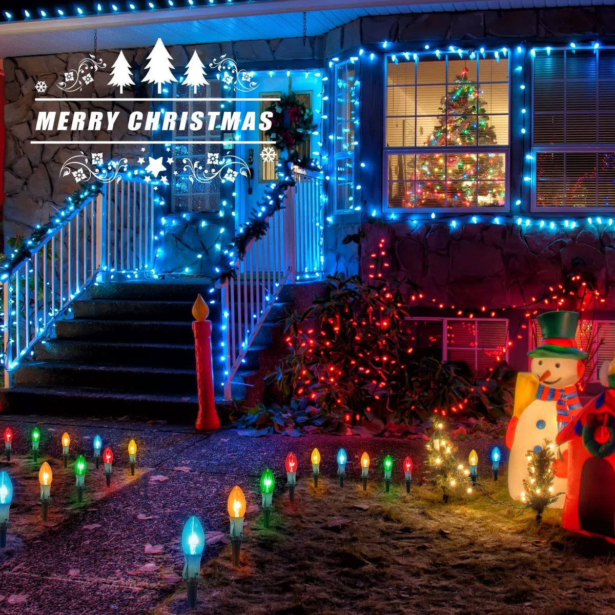 ALLJOY Christmas Lights Outdoor C9 Christmas Pathway Light Patio Driveway Walkway Yard Sizetakes 51.5 Feet (2Sizeets)