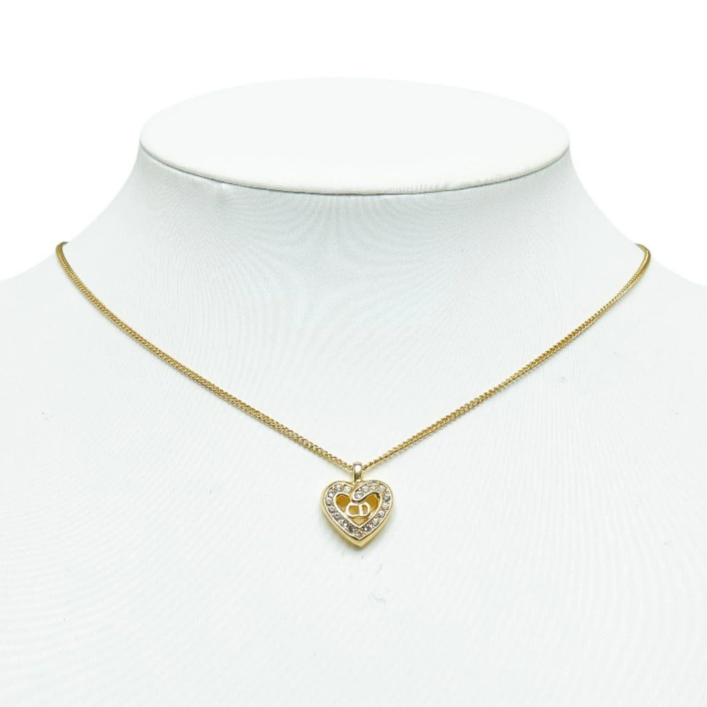 Pre-Owned Christian Dior Dior CD Heart Rhinestone Necklace Gold Plated Women's (Good)