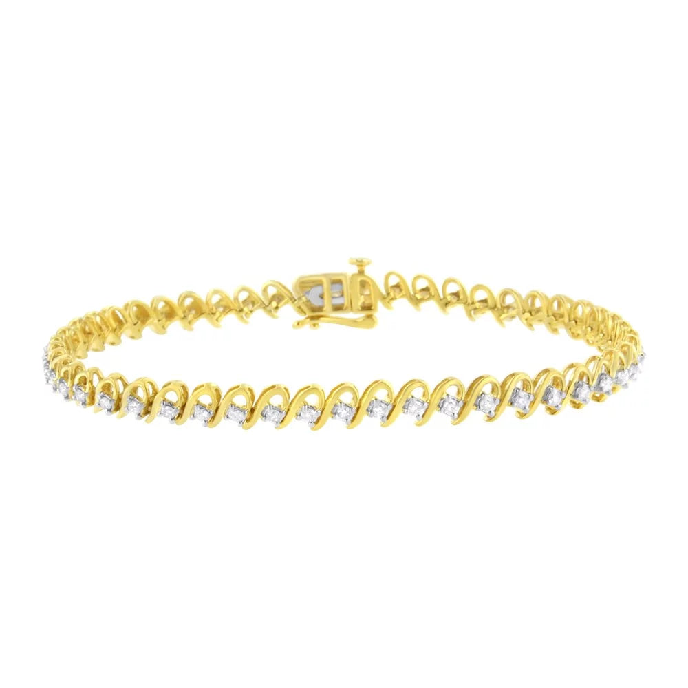 10K Yellow Gold Plated .925 Sizeterling Sizeilver 1.0 Cttw Diamond Alternating Wave and Round Link Tennis Bracelet (I-J Color, I2-I3 Clarity) - 7.25"