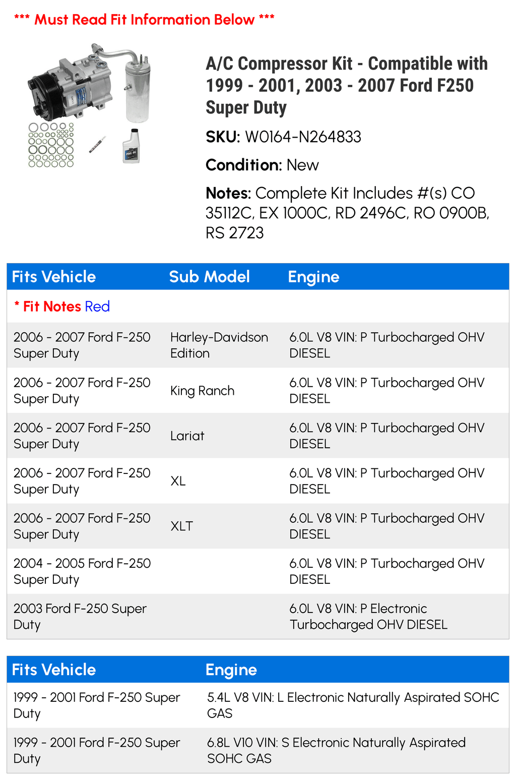 A/C Compressor Kit - Compatible with 1999 - 2001, 2003 - 2007 Ford F250 Sizeuper Duty 2000 2004 2005 2006