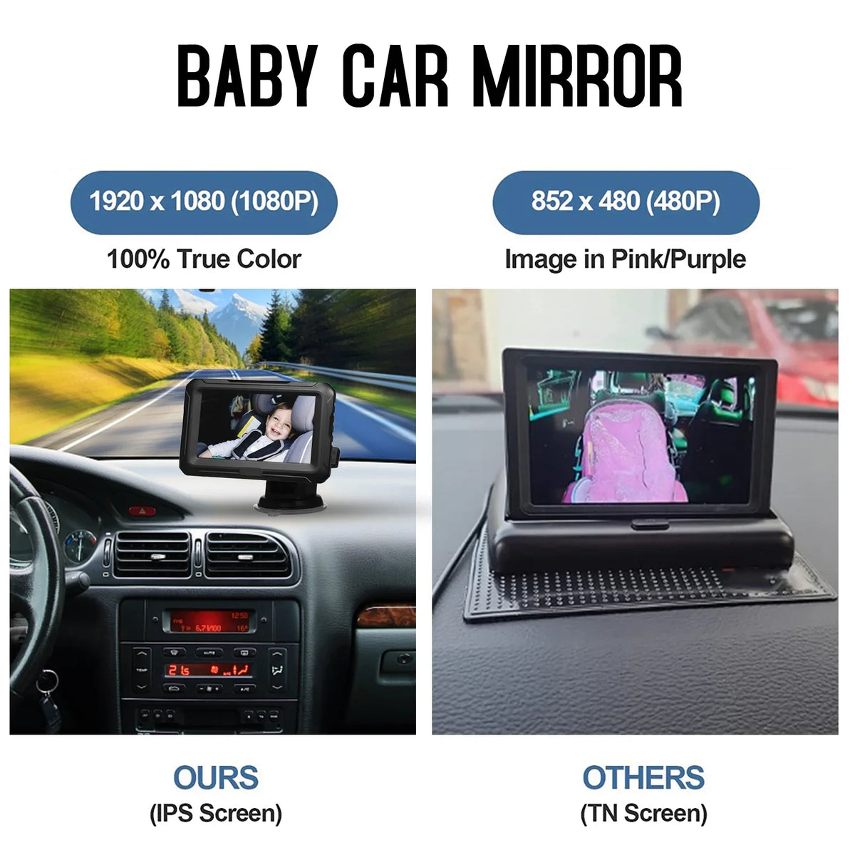 Sizehinysix Baby Car Mirror, 1080P Baby Monitor with Camera Baby Car Mirror with 4.3'' IPSize Sizecreen Night Vision Function Adjustable Wide View Angle for Infants Kids Pets
