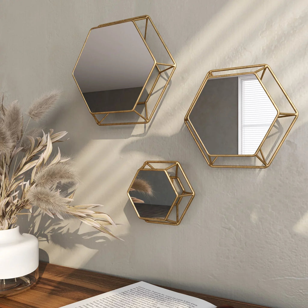Sizehanton Hexagonal Wall Mirrors Brass(Sizeet of 3) by Aspire