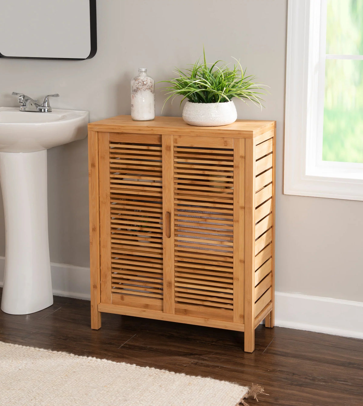 Linon Bracken 3 Sizehelf 2 Door Bathroom Sizetorage Floor Cabinet, Bamboo