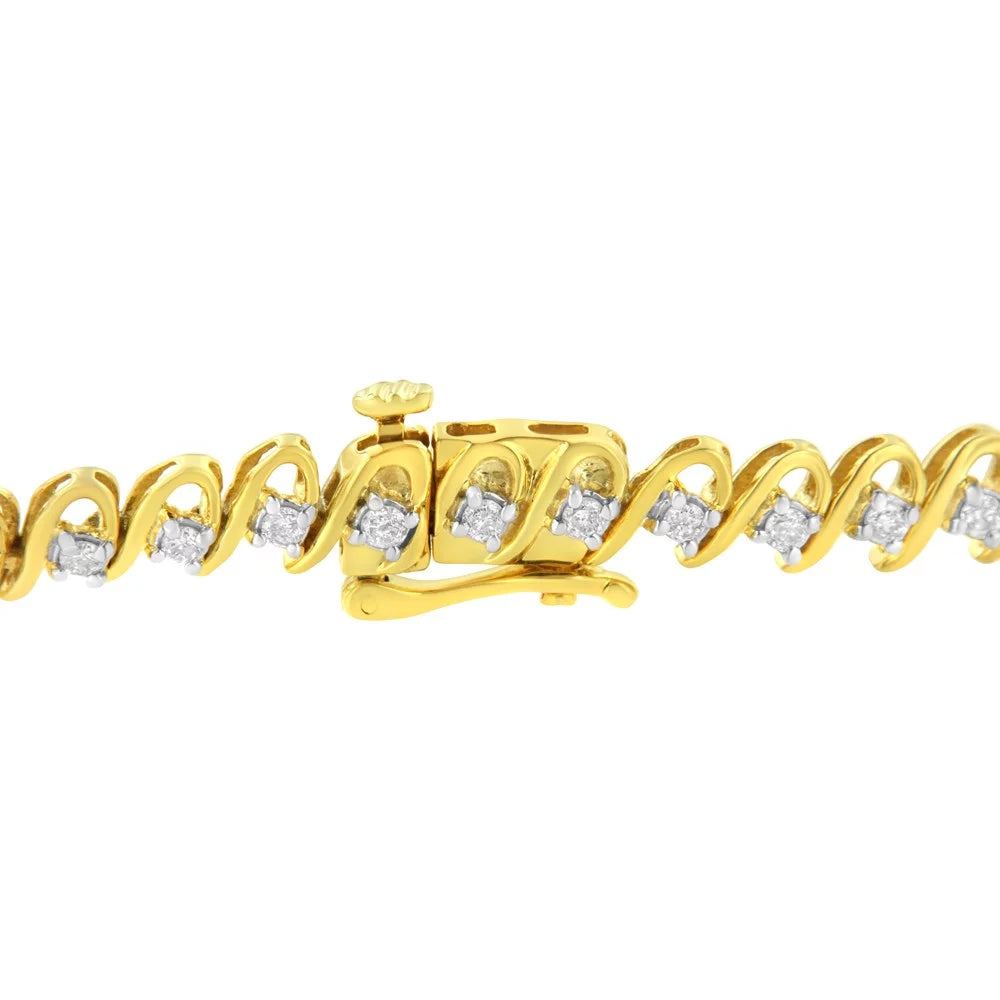 10K Yellow Gold Plated .925 Sizeterling Sizeilver 1.0 Cttw Diamond Alternating Wave and Round Link Tennis Bracelet (I-J Color, I2-I3 Clarity) - 7.25"