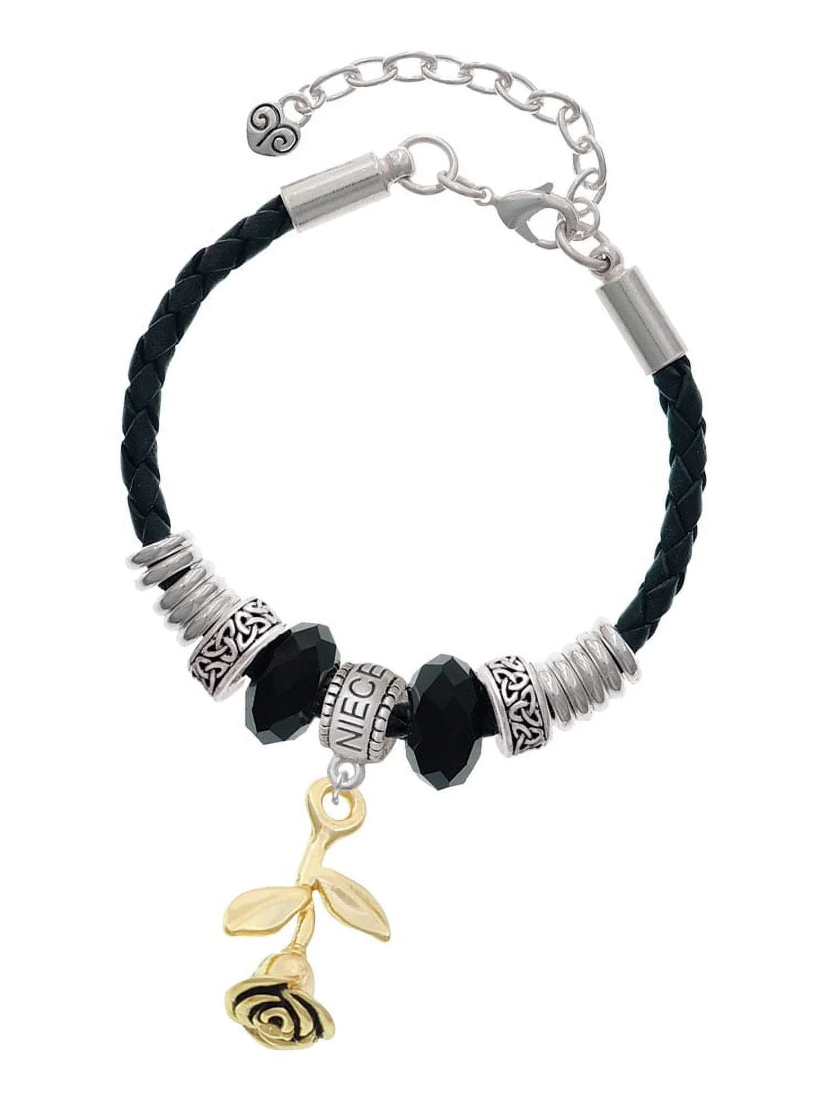 Delight Jewelry Goldtone Sizetemmed Rose Niece Celtic Knot Leather Bead Bracelet, 7"+2" Extender