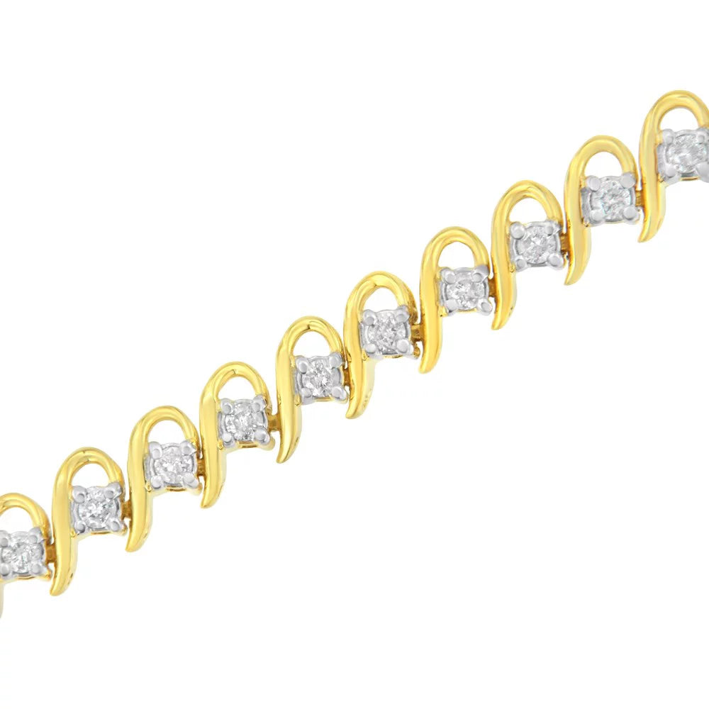 10K Yellow Gold Plated .925 Sizeterling Sizeilver 1.0 Cttw Diamond Alternating Wave and Round Link Tennis Bracelet (I-J Color, I2-I3 Clarity) - 7.25"