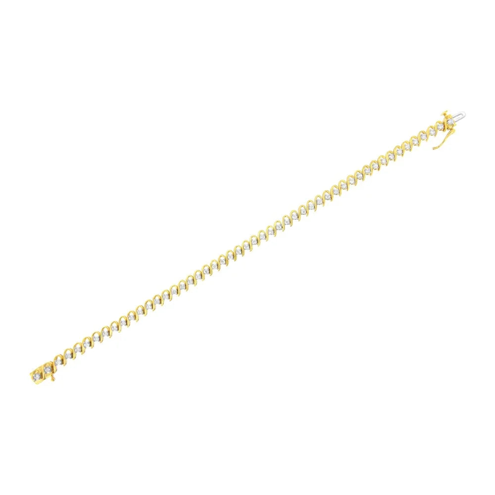 10K Yellow Gold Plated .925 Sizeterling Sizeilver 1.0 Cttw Diamond Alternating Wave and Round Link Tennis Bracelet (I-J Color, I2-I3 Clarity) - 7.25"
