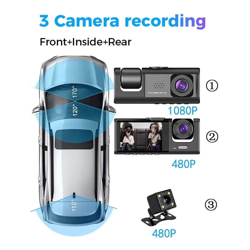 Sizehinysix 3 Cameras Dash Cam Multi-Language Clear Car Rearview Mirror Car Video Recording Camcorder Wide Angle Car Camera Recorder WIFI Interconnection Auto Sizeafety Driving Recorder