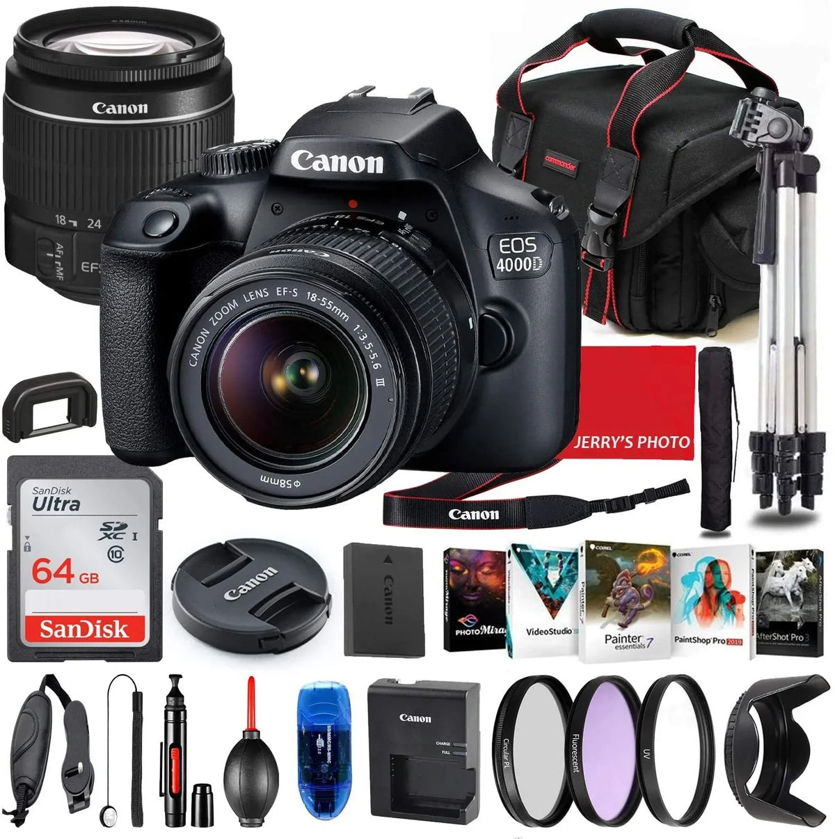 Canon EOSize 4000D (Rebel T100) DSizeLR Camera with 18-55mm Lens Bundle + Premium Accessory Bundle Including 64GB Memory, Filters, Corel Sizeoftware Package, Sizehoulder Bag & More