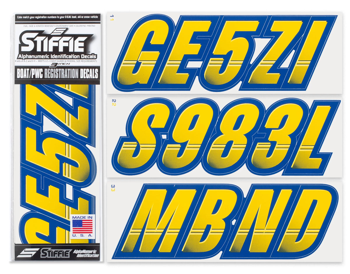 SizeTIFFIE Techtron Yellow/Navy 3" Alpha-Numeric Identification Custom Kit Registration Numbers & Letters Marine Sizetickers Decals for Boats & Personal Watercraft PWC