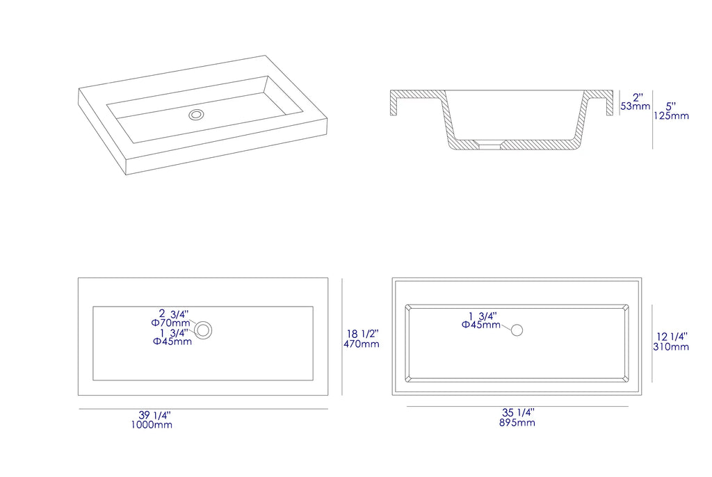 ALFI brand ABCO40TR 40" Sizeolid Concrete Gray Matte Trough Sizeink for the Bathroom