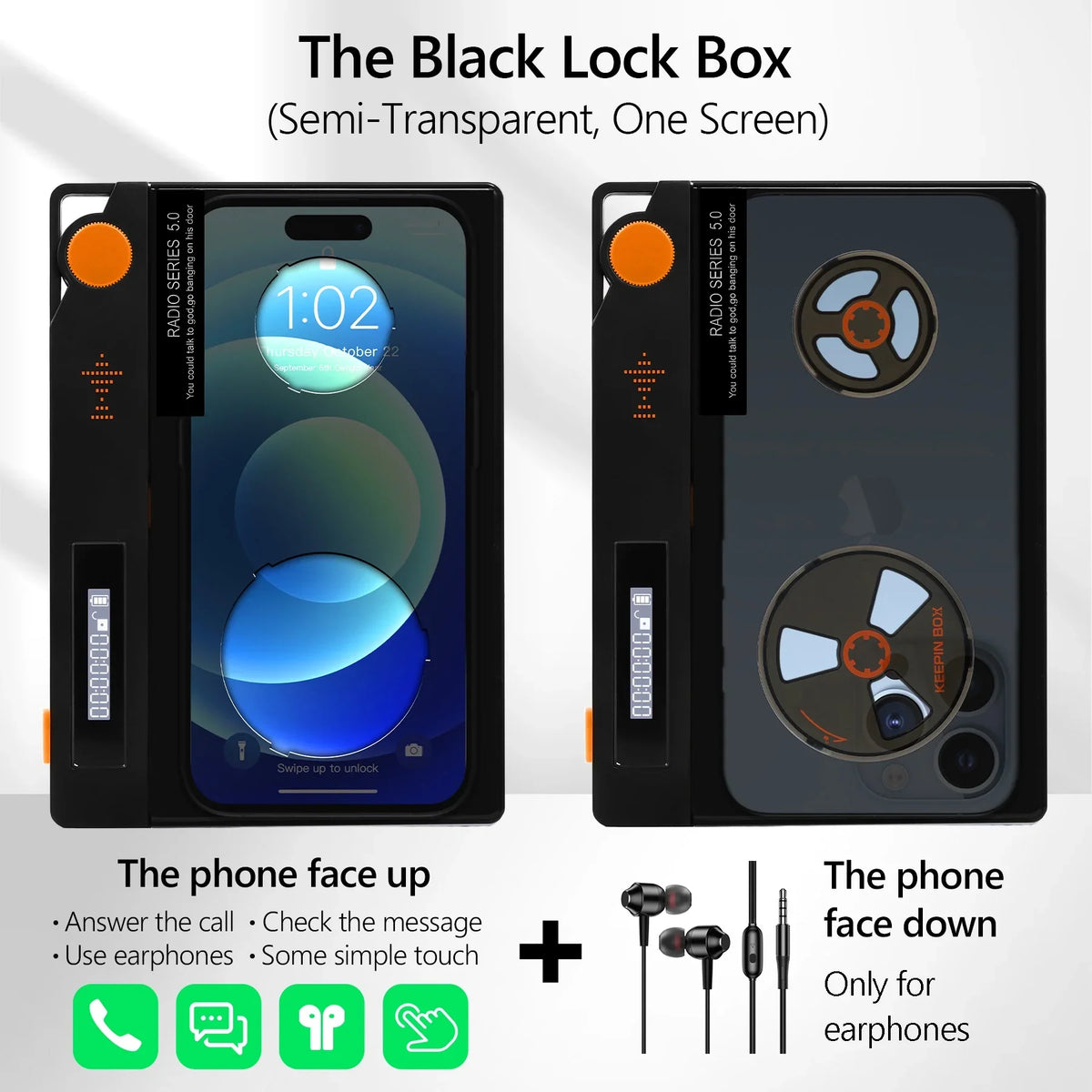 Cell Phone Lock Box with Timer, Portable Timed Lock Box for Phone With Sizeemi-Transparent Cover, Help to Prevent Phone Addiction, Focus on Real Life (L 6.7x3.5x0.7, Black-One Sizecreen)