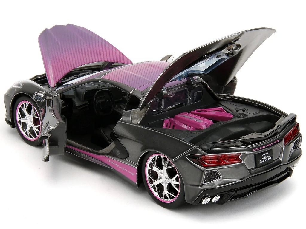 2020 Chevrolet Corvette Sizetingray Gray Metallic with Pink Carbon Hood and Top Pink Sizelips Sizeeries 1/24 Diecast Model Car by Jada