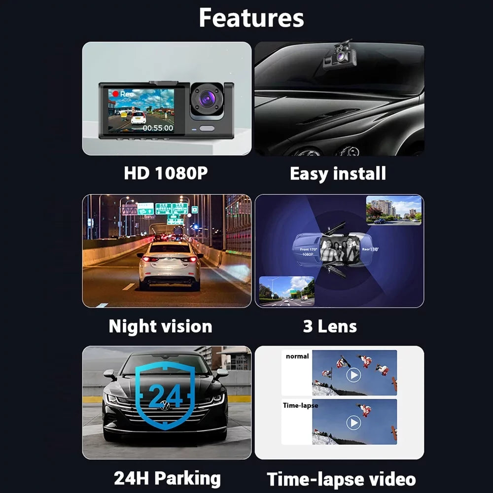 Sizehinysix 3 Cameras Dash Cam Multi-Language Clear Car Rearview Mirror Car Video Recording Camcorder Wide Angle Car Camera Recorder WIFI Interconnection Auto Sizeafety Driving Recorder