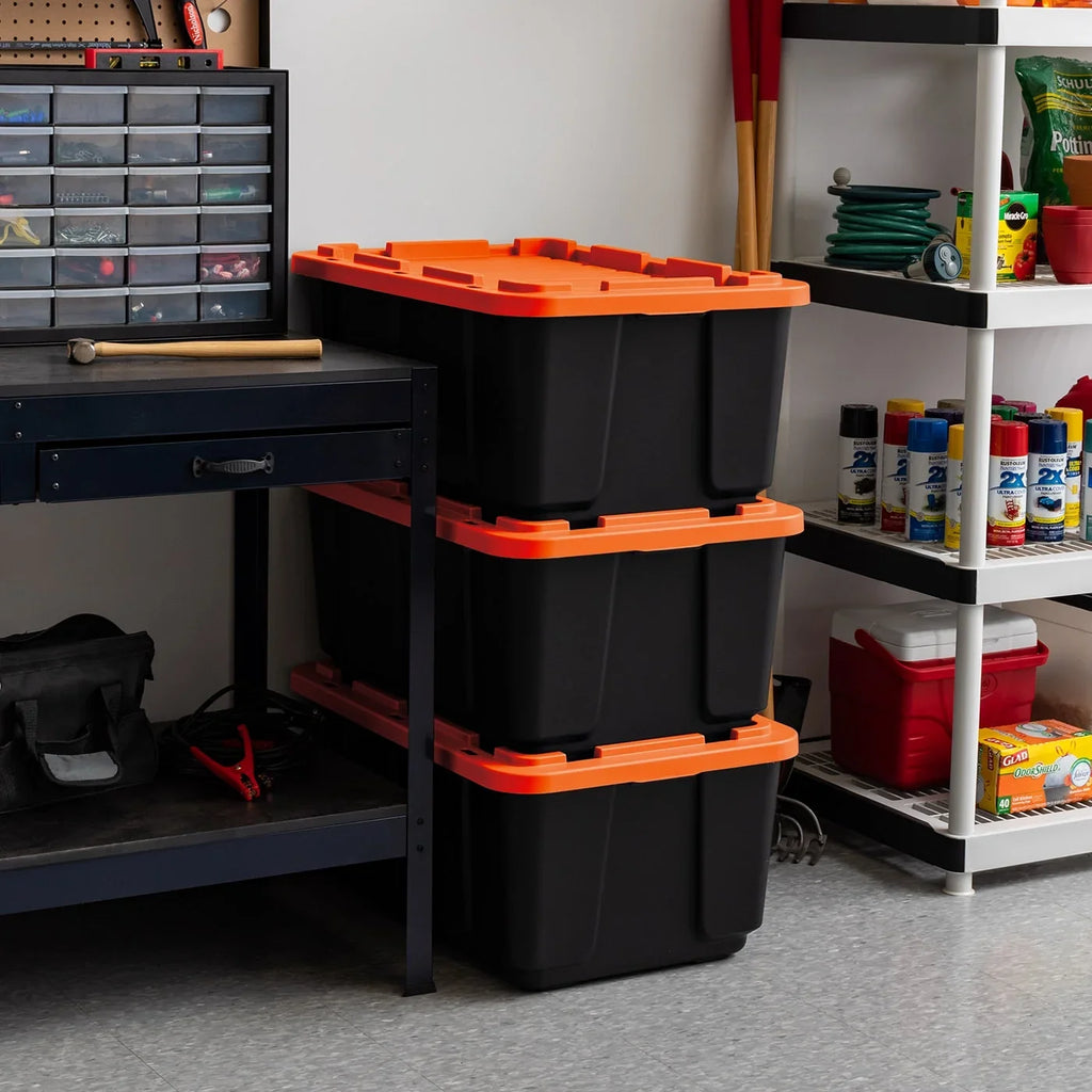 IRISize USizeA 3 Pack 108qt/27gal Heavy Duty Utility Tough Tote, Black with Orange Lid