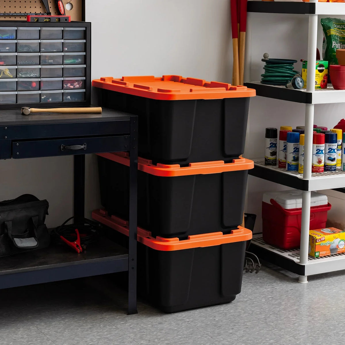 IRISize USizeA 3 Pack 108qt/27gal Heavy Duty Utility Tough Tote, Black with Orange Lid