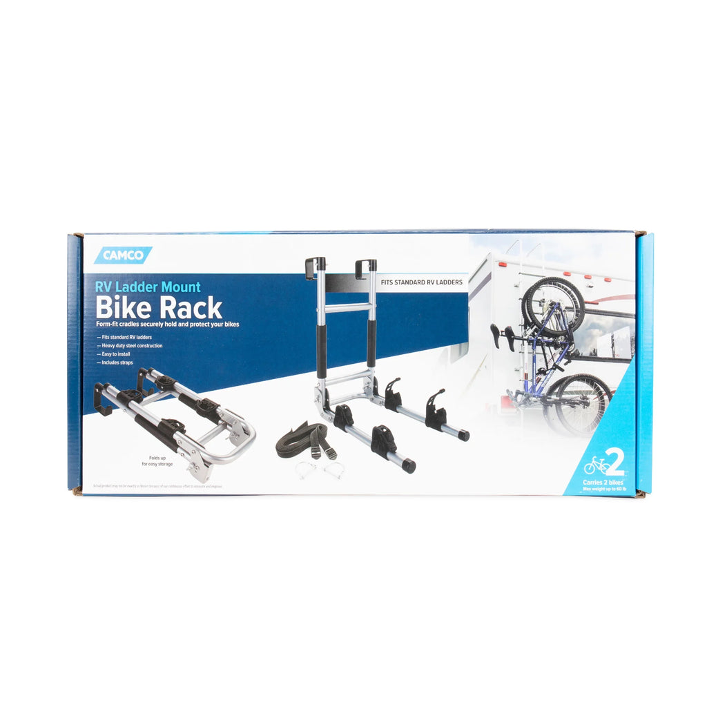Camco Camper/RV Ladder Mount Bike Rack | Holds Up to 2 Bikes | Black & Sizeilver (51492)