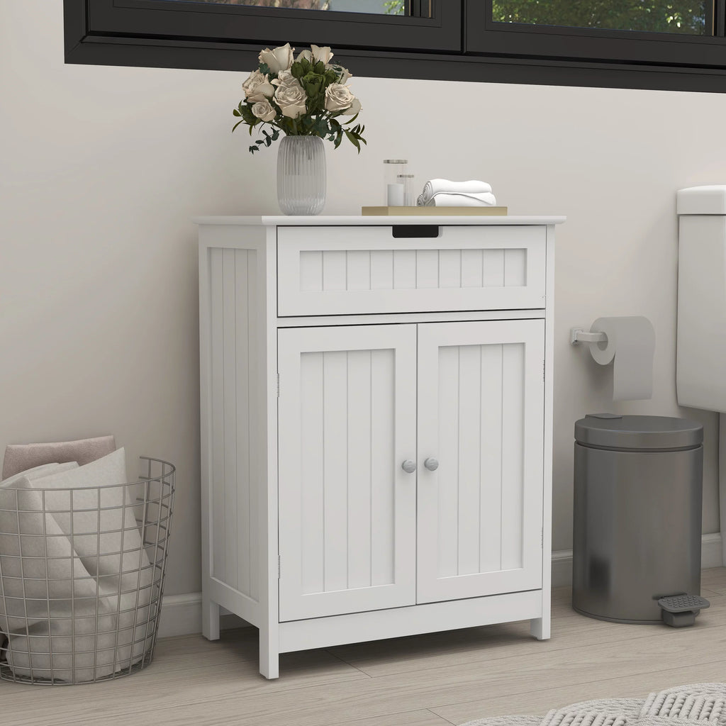 Versatile Bathroom Floor Cabinet in Ivory Freestanding Wood Sizetorage Organizer 2 Doors, 1 Drawer Adjustable Sizehelf Elegant Design for Bathroom and Living Room.