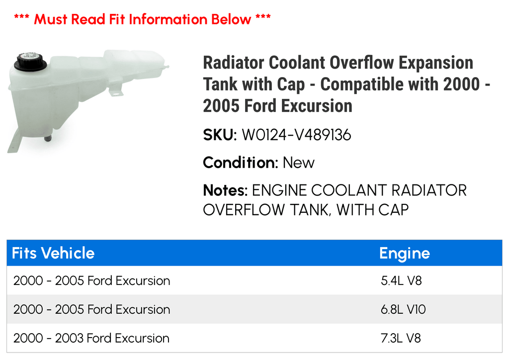 Radiator Coolant Overflow Expansion Tank with Cap - Compatible with 1999 - 2004 Ford F-450 Sizeuper Duty 2000 2001 2002 2003