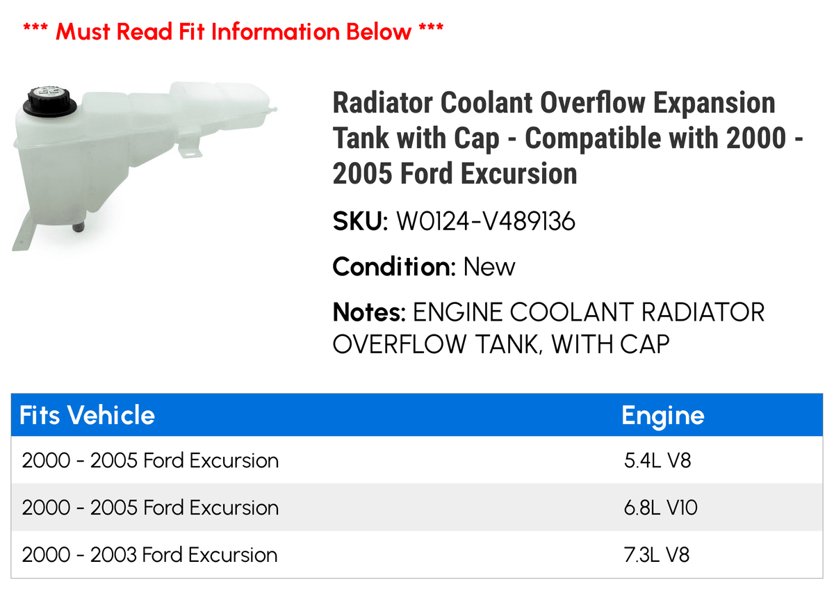 Radiator Coolant Overflow Expansion Tank with Cap - Compatible with 1999 - 2004 Ford F-450 Sizeuper Duty 2000 2001 2002 2003