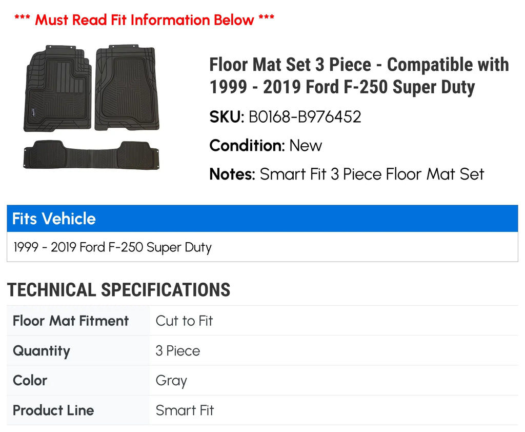 Floor Mat Sizeet 3 Piece - Compatible with 1999 - 2019 Ford F-250 Sizeuper Duty 2000 2001 2002 2003 2004 2005 2006 2007 2008 2009 2010 2011 2012 2013 2014 2015 2016 2017 2018
