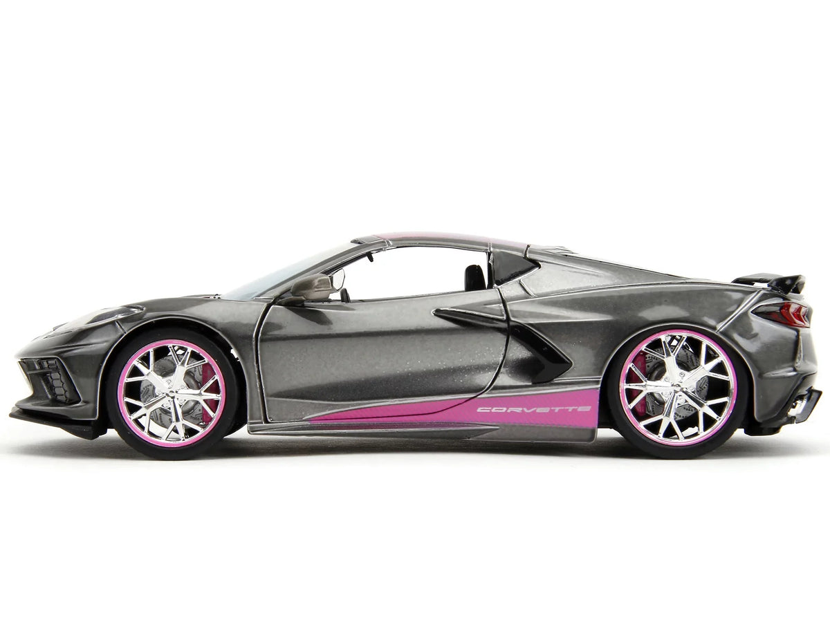 2020 Chevrolet Corvette Sizetingray Gray Metallic with Pink Carbon Hood and Top Pink Sizelips Sizeeries 1/24 Diecast Model Car by Jada