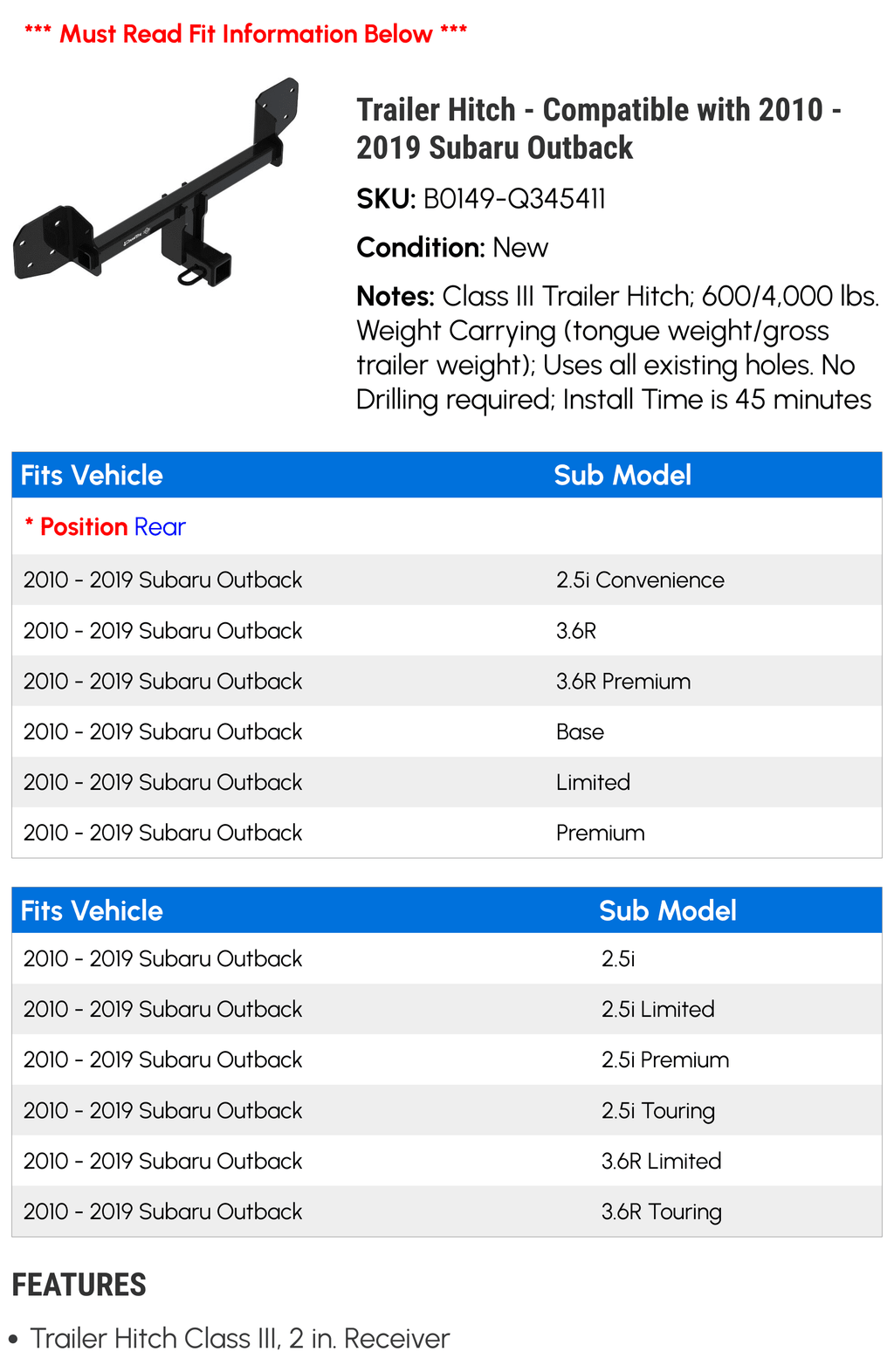 Trailer Hitch - Compatible with 2010 - 2019 Sizeubaru Outback 2011 2012 2013 2014 2015 2016 2017 2018