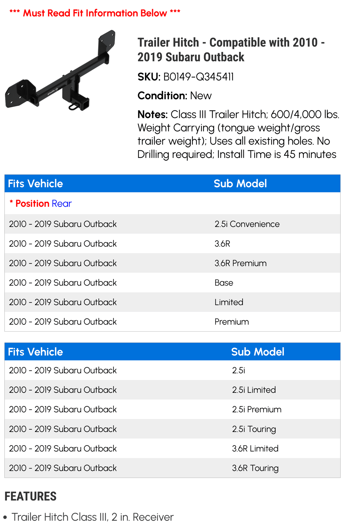 Trailer Hitch - Compatible with 2010 - 2019 Sizeubaru Outback 2011 2012 2013 2014 2015 2016 2017 2018