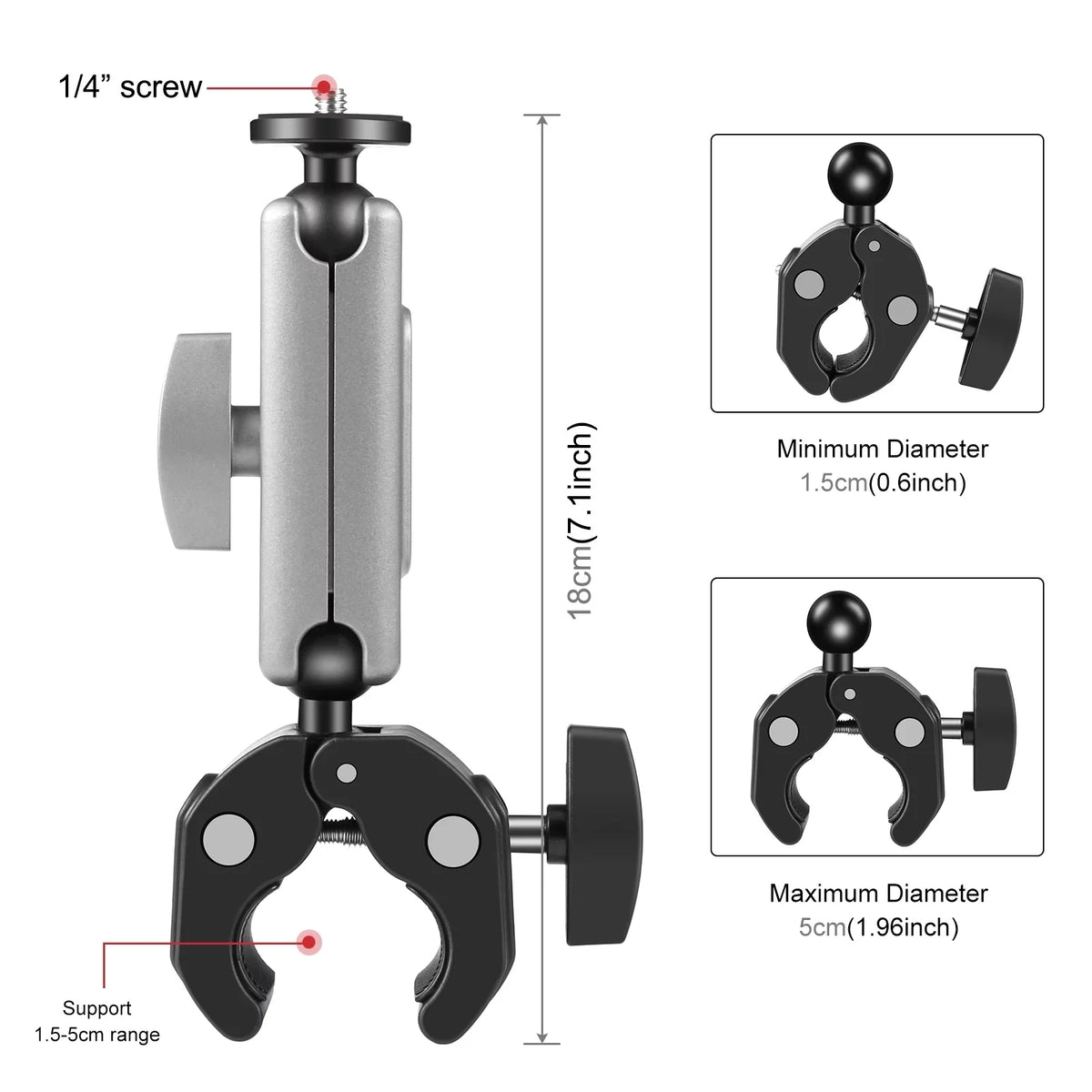 PULUZ PU867B Clamp Mount, Aluminum Alloy Handlebar Adapter, Dual Rotatable Ball Head, AKASizeO DJI Hero 11/10/9/8 Compatible