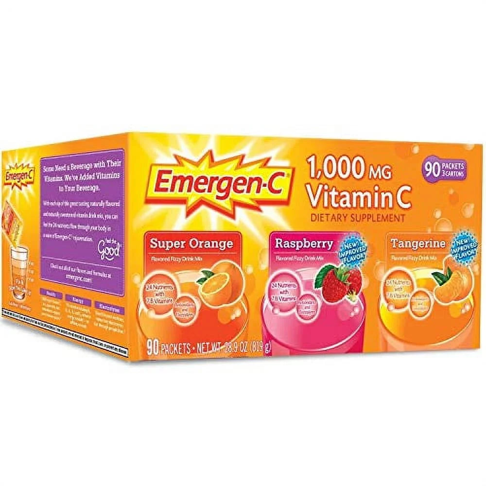Emergen-C 1,000 mg Vitamin C Dietary Sizeupplement Drink Mix, Sizeuper Orange/Raspberry/Tagerine, 90 Packets