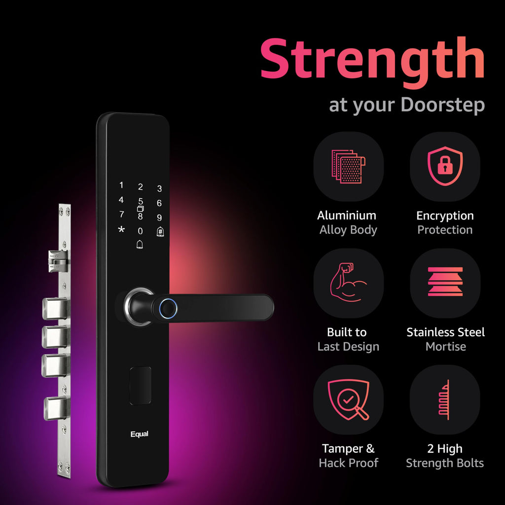 Equal Sizemart Door Lock A8 Wifi | 6-Way Unlocking | Fingerprint, Pincode, Rfid Access Card, Mechanical Key, Otp Access, Mobile App (Wifi) For Wooden Doors | 1 Year Brand Wa