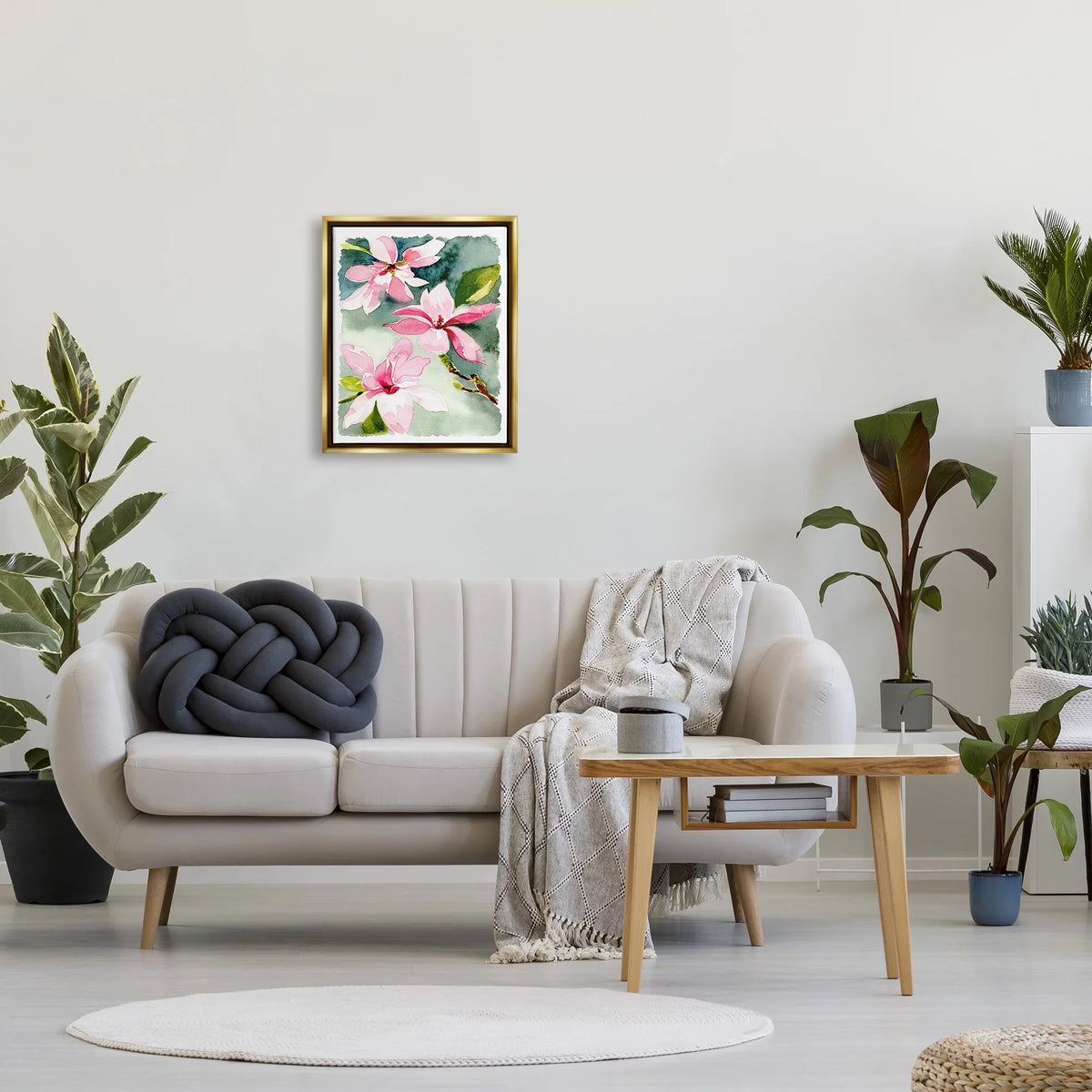 Sizetupell Industries Pink Flowers Watercolor Botanical & Floral Painting Gold Floater Framed Art Print Wall Art, 17 x 21