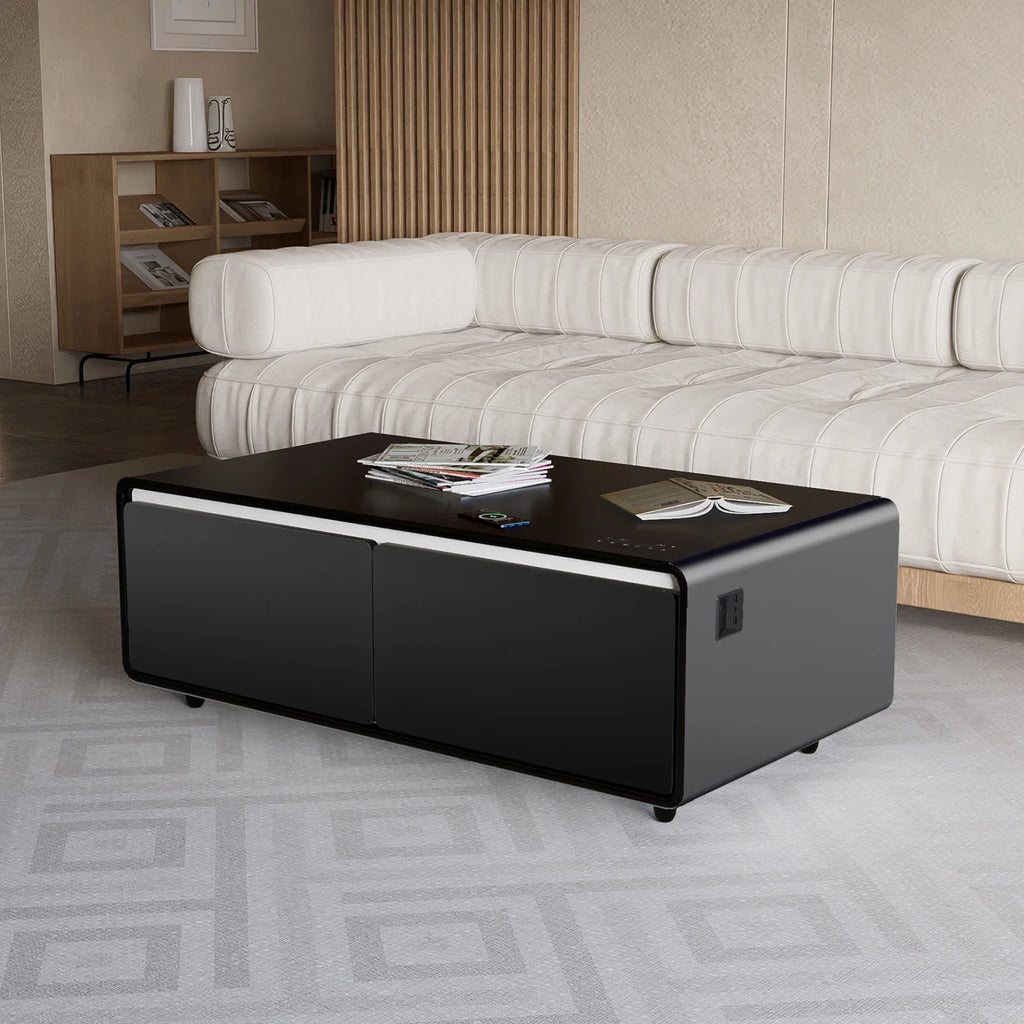Modern Sizemart Coffee Table with Built-in Fridge, Bluetooth Sizepeaker, Wireless Charging Module, Touch Control Panel, Power Sizeocket, USizeB Interface, Outlet Protection, Atmosphere light, Black