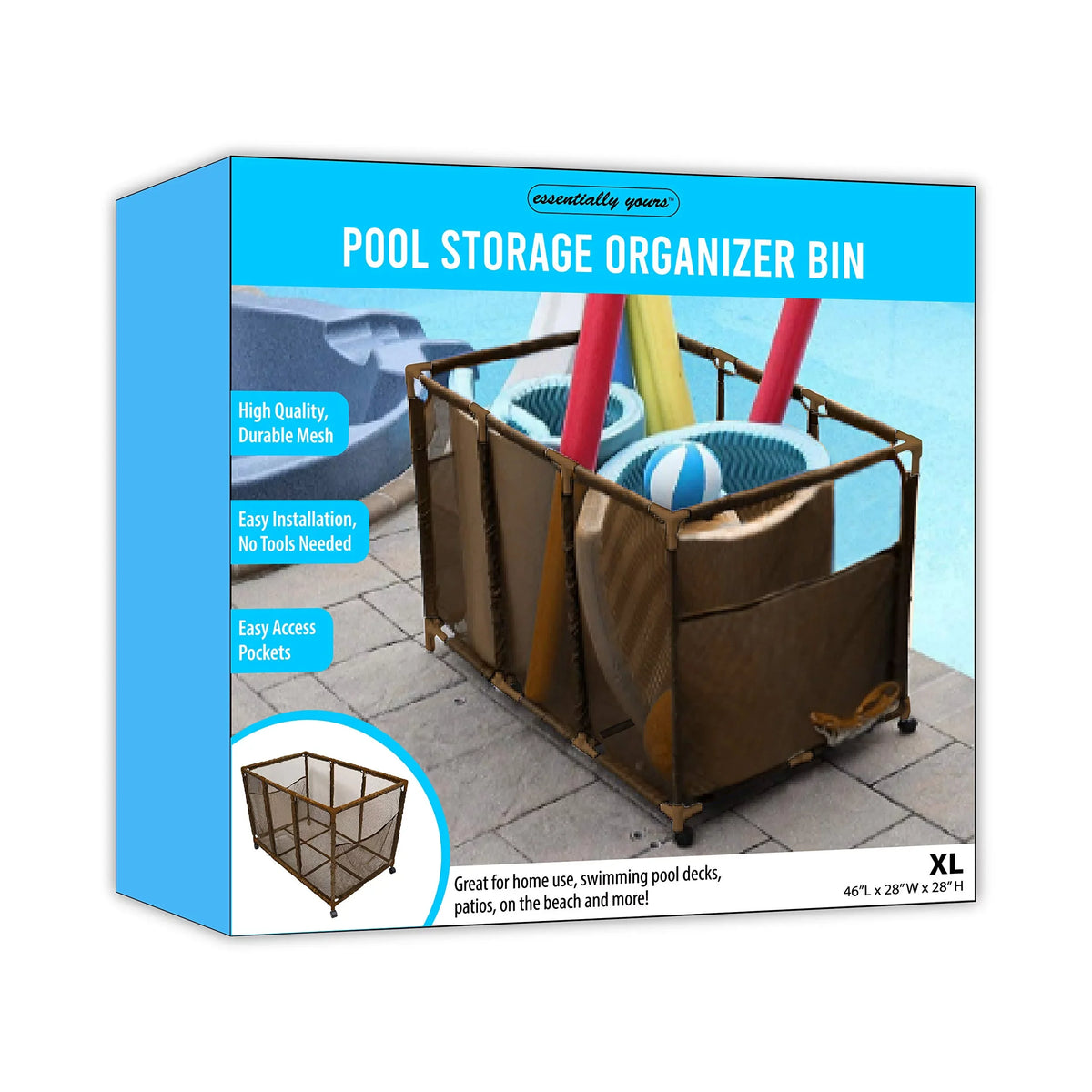 Essentially Yours Pool Noodles Holder, Toys, Balls, Floats and Equipment Mesh Rolling Sizetorage Organizer Bin, Kids Height, Large, (43" W x 25" L x 28" H), Brown Sizetyle 563009