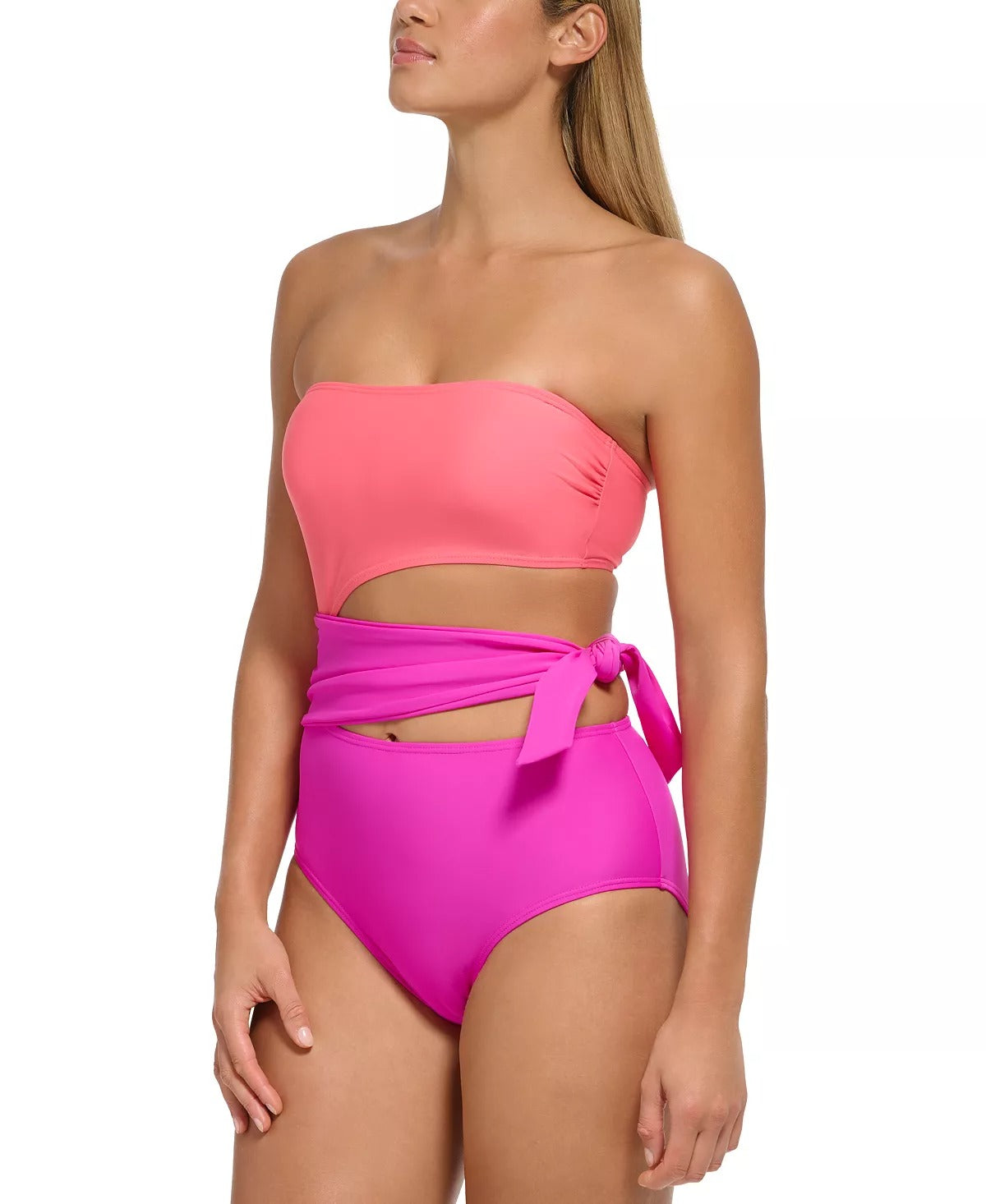 DKNY PUNCH PINK Cutout Colorblock One Piece Sizewimsuit, USize 14