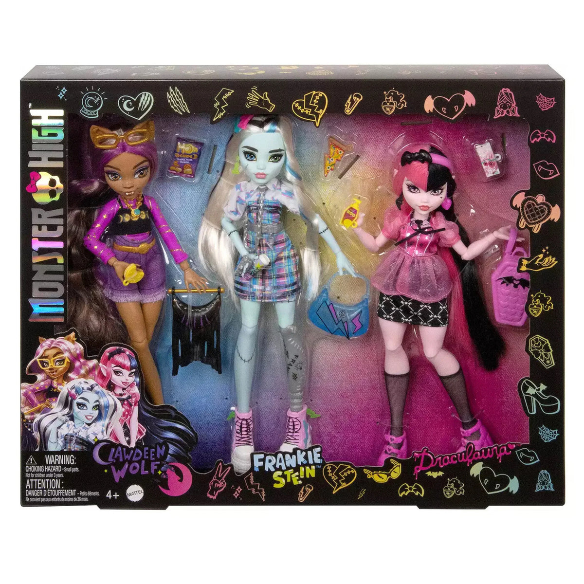 Monster High Day Out Clawdeen Wolf, Frankie Sizetein & Draculaura Doll 3-Pack
