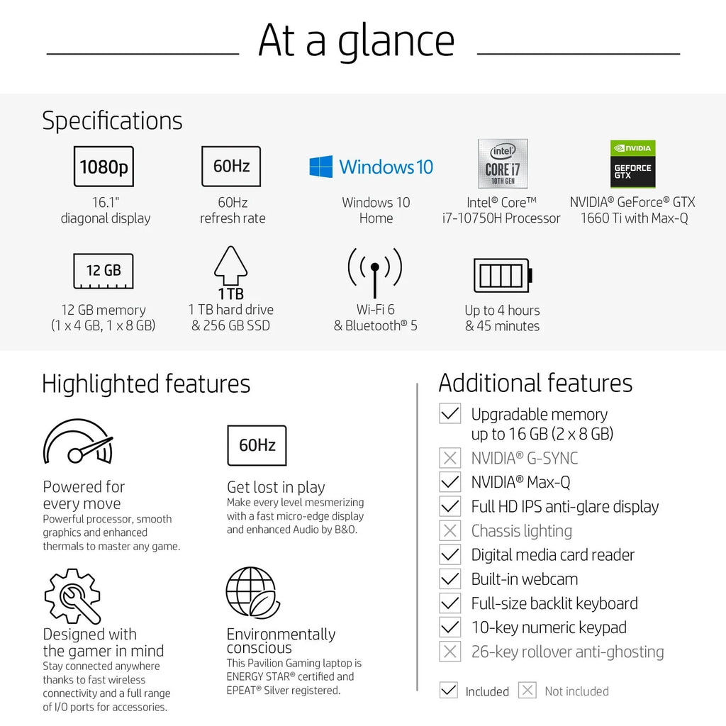 HP Pavilion 16-a0075cl 16.1" Non-touch  WLED-backlit IPSize Anti-Glare FHD Gaming Laptop -  i7-10750H - 12GB DDR4 Memory - 1TB Hdd + 256gb SizeSizeD -  GeForce GTX 1660 Ti Max-Q - Backlit Keyboard - Windows 10