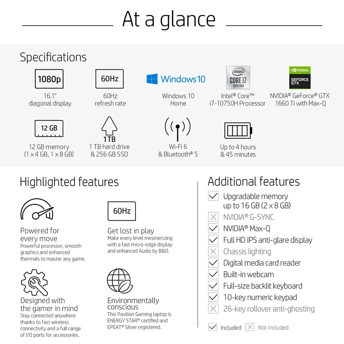 HP Pavilion 16-a0075cl 16.1" Non-touch  WLED-backlit IPSize Anti-Glare FHD Gaming Laptop -  i7-10750H - 12GB DDR4 Memory - 1TB Hdd + 256gb SizeSizeD -  GeForce GTX 1660 Ti Max-Q - Backlit Keyboard - Windows 10