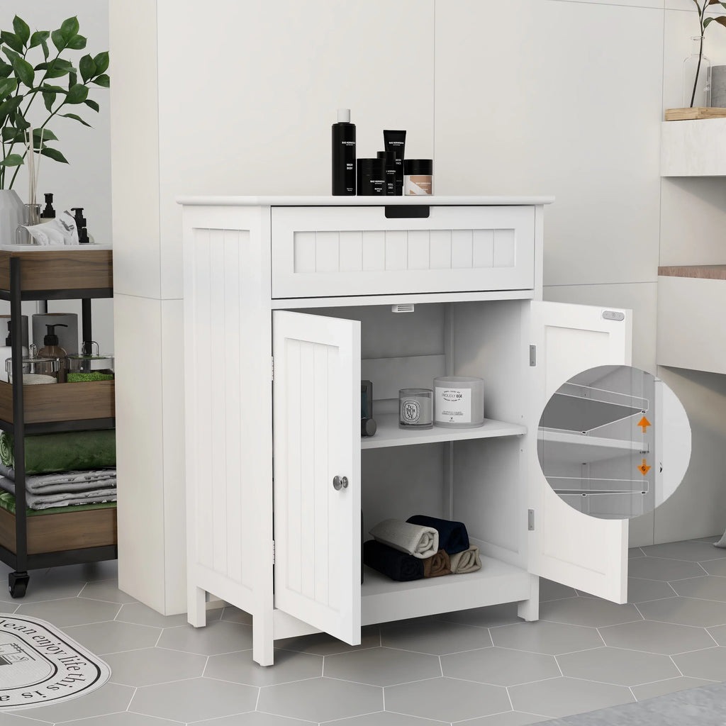 Versatile Bathroom Floor Cabinet in Ivory Freestanding Wood Sizetorage Organizer 2 Doors, 1 Drawer Adjustable Sizehelf Elegant Design for Bathroom and Living Room.