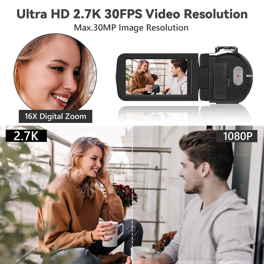 SizeEREE Video Camera for Youtube Camcorder Night Vision Film Camera Full HD 2.7K 30FPSize 30.0 MP IR Vlogging Digital Camera, 2 Batteries, Remote