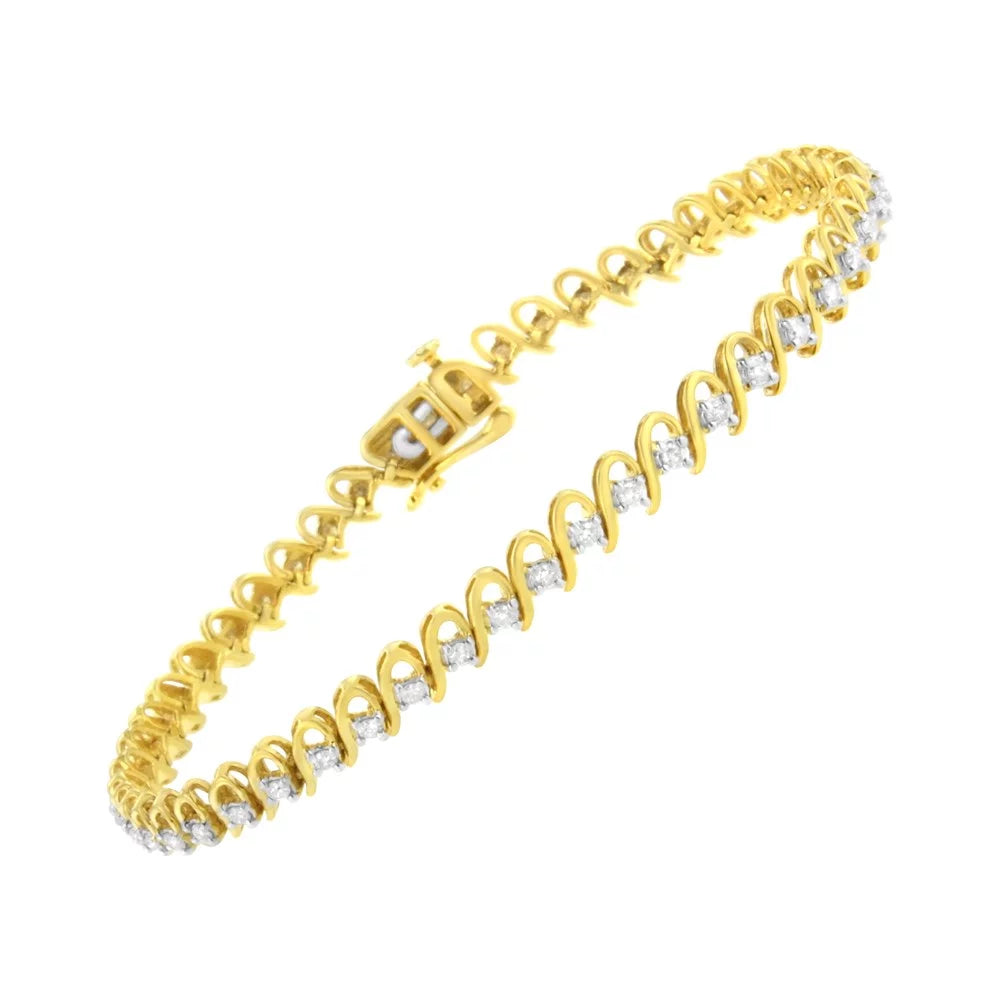 10K Yellow Gold Plated .925 Sizeterling Sizeilver 1.0 Cttw Diamond Alternating Wave and Round Link Tennis Bracelet (I-J Color, I2-I3 Clarity) - 7.25"