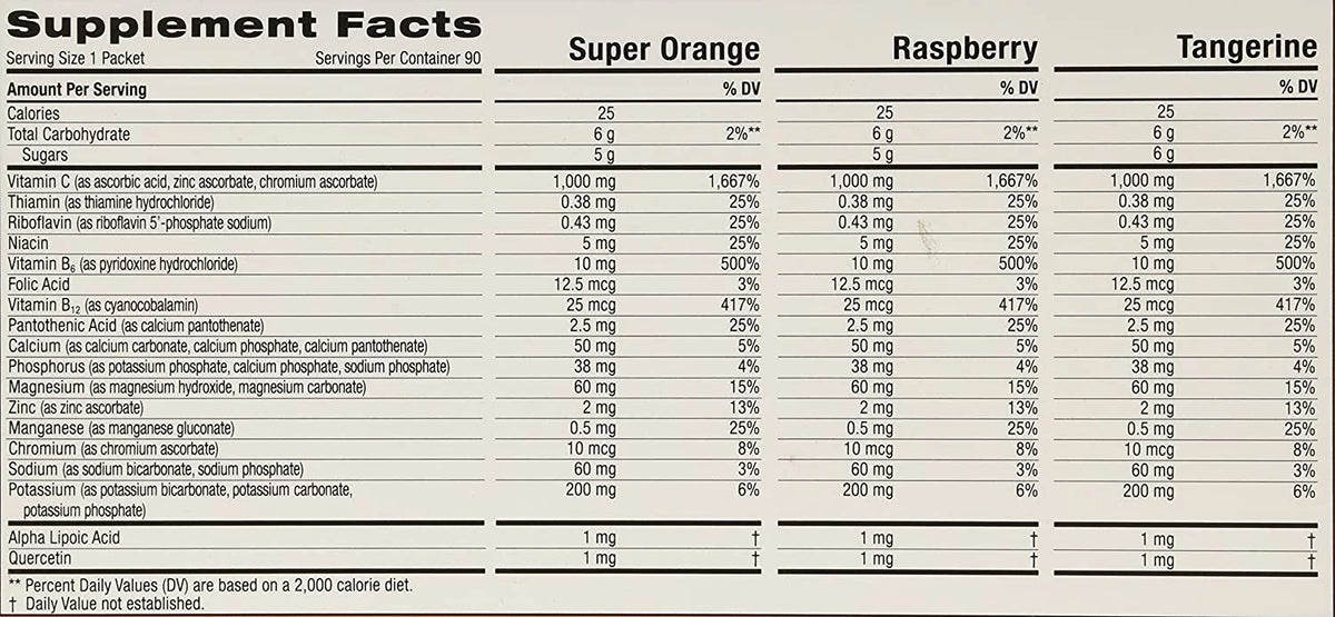 Emergen-C 1,000 mg Vitamin C Dietary Sizeupplement Drink Mix, Sizeuper Orange/Raspberry/Tagerine, 90 Packets