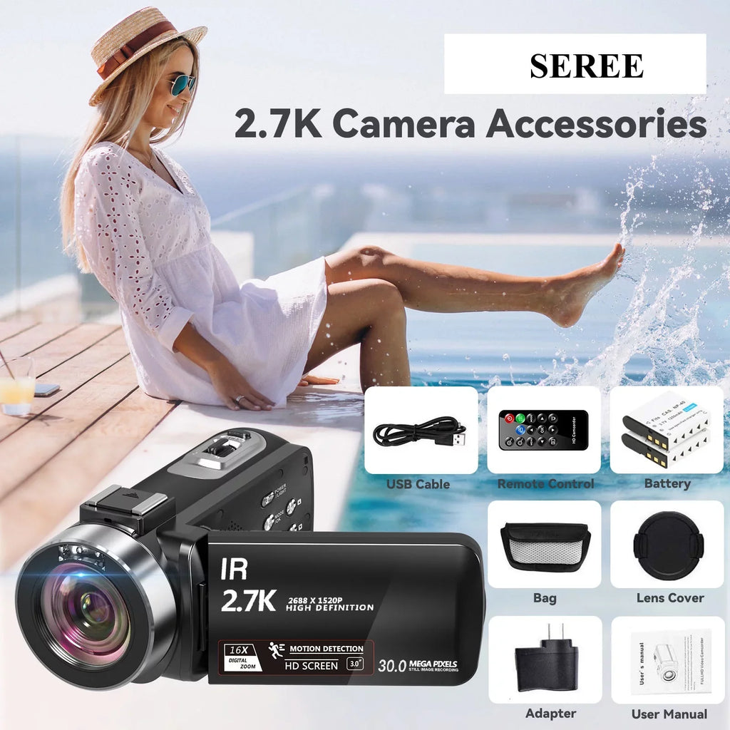 SizeEREE Video Camera for Youtube Camcorder Night Vision Film Camera Full HD 2.7K 30FPSize 30.0 MP IR Vlogging Digital Camera, 2 Batteries, Remote